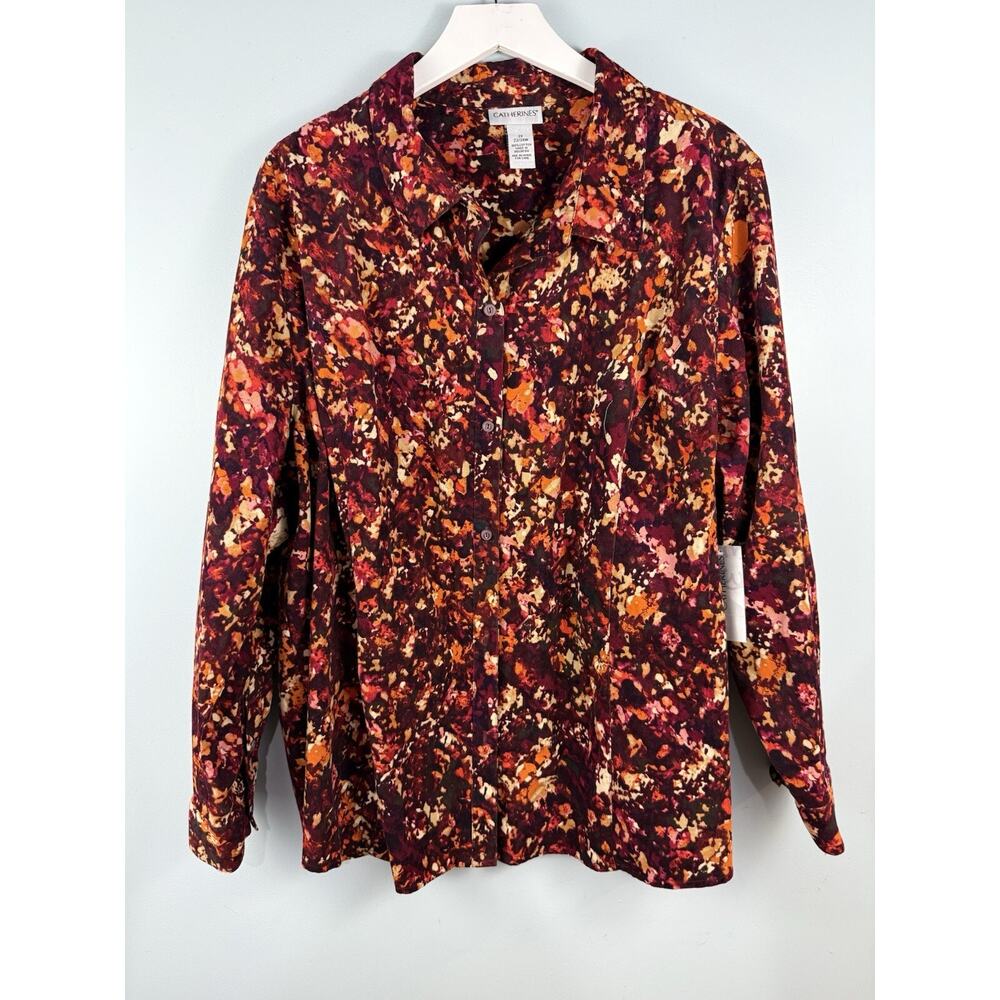 Catherines Button Down Shirt Women 2X Brown Corduroy Long Sleeve Abstract‎ Print
